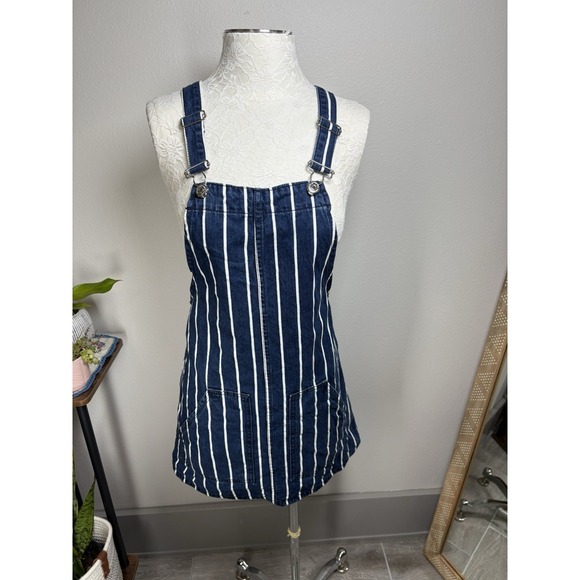 stradivarius Dresses & Skirts - Stradivarius Womens 4 Blue Pinstripe Overall Dress Pinafore Coastal Preppy